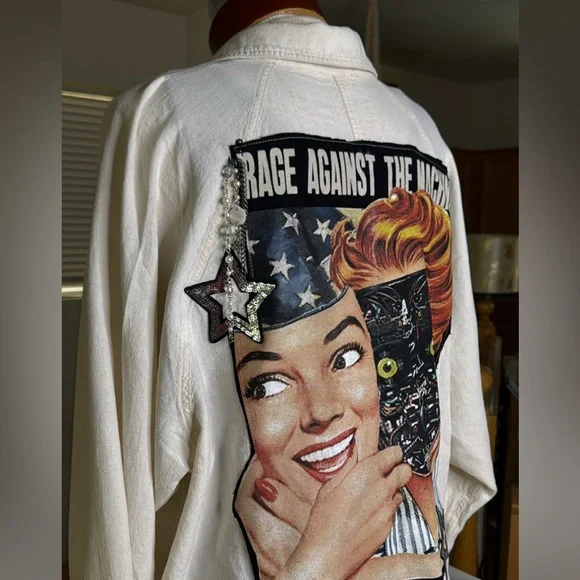 Women's Blouse Small - Cream Linen Blend “Rage Against the Machine” Up cycled - Picture 2 of 6